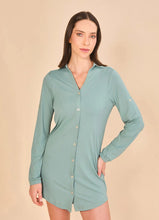 Load image into Gallery viewer, Model Front: Uv Line Chemise Shirtdress Copenhagen Water Green Upf50+
