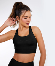 Load image into Gallery viewer, Model Front: Alto Giro Fitness Haut Top Hyper Nadador Com Frisos Preto
