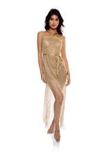 Load image into Gallery viewer, Model Front: Luli Fama Vêtement De Plage Cross Halter Long Fringe Dress Gold Rush
