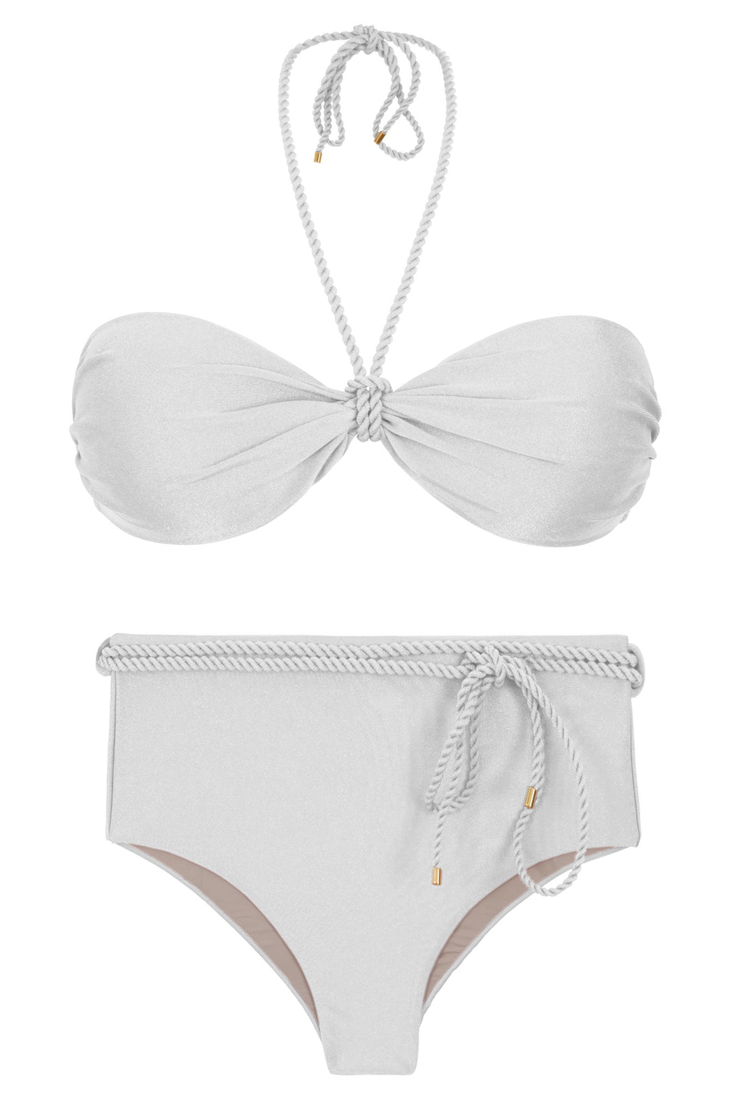 Product Front: Rio De Sol Ensemble Set Shimmer-White Twist Belted-High-Waist